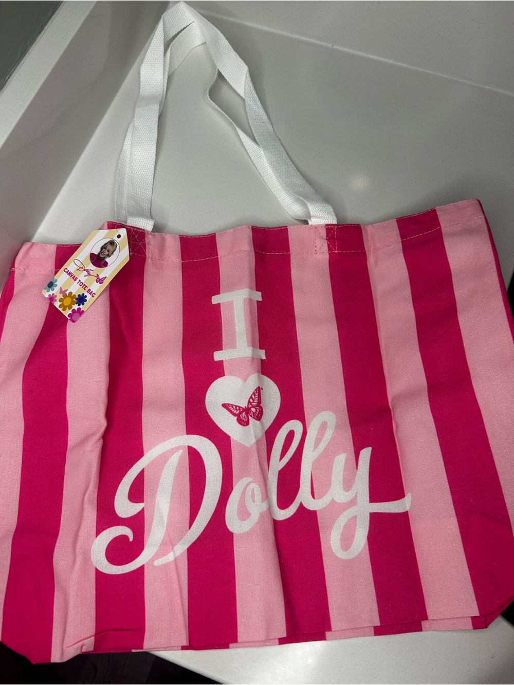 NWT Dolly Parton I Heart Dolly Pink Striped canvas Tote Bag